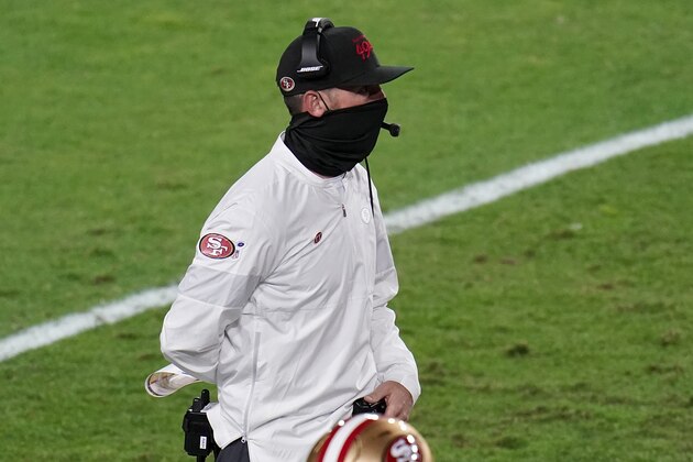 San Francisco 49ers head coach Kyle Shanahan during the first half of an NFL football game against the Buffalo Bills, Monday, Dec. 7, 2020, in Glendale, Ariz. (AP Photo/Ross D. Franklin)
