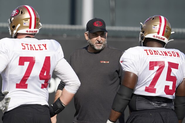 San Francisco 49ers offensive line coach John Benton, center, talks with San Francisco 49ers offensive guard Laken Tomlinson (75) and offensive tackle Joe Staley (74) during practice at the team's NFL football training facility in Santa Clara, Calif., Friday, Jan. 24, 2020. The 49ers will face the Kansas City Chiefs in Super Bowl 54. (AP Photo/Tony Avelar)