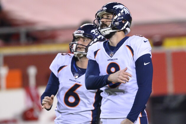 Denver Broncos place kicker Brandon McManus (8) and Denver Broncos punter Sam Martin (6) watch a missed field goal during the first half of an NFL football game against the Kansas City Chiefs, Sunday, Dec. 6, 2020, in Kansas City, Mo. (AP Photo/Reed Hoffmann) Denver Broncos place kicker Brandon McManus (8) and Denver Broncos punter Sam Martin (6) watch a missed field goal during the first half of an NFL football game against the Kansas City Chiefs, Sunday, Dec. 6, 2020, in Kansas City, Mo. (AP Photo/Reed Hoffmann)