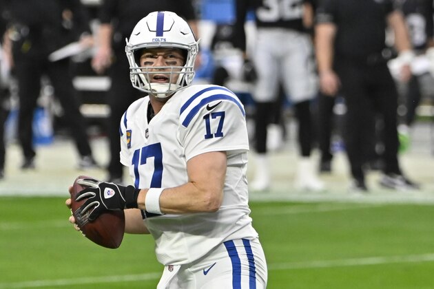Indianapolis Colts quarterback Philip Rivers (17) looks to pass against the Las Vegas Raiders, during the first half of an NFL football game, Sunday, Dec. 13, 2020, in Las Vegas. (AP Photo/David Becker)