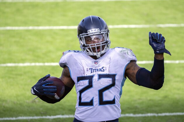 Tennessee Titans running back Derrick Henry (22) crosses the goal line to score a touchdown against the Jacksonville Jaguars during the first half of an NFL football game, Sunday, Dec. 13, 2020, in Jacksonville, Fla. (AP Photo/Stephen B. Morton)