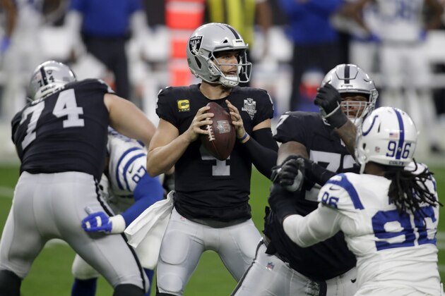 Las Vegas Raiders quarterback Derek Carr (4) looks to pass against the Indianapolis Colts during the first half of an NFL football game, Sunday, Dec. 13, 2020, in Las Vegas. (AP Photo/Isaac Brekken)