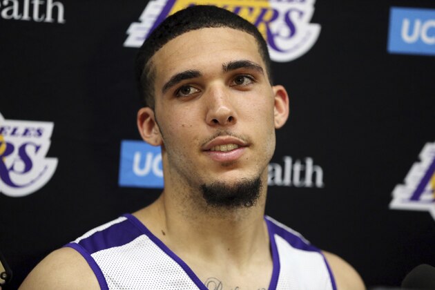 LiAngelo Ball speaks with the media at a pre-draft workout at the Los Angeles Lakers' NBA basketball facility in El Segundo, Calif., Tuesday, May 29, 2018. (AP Photo/Reed Saxon)