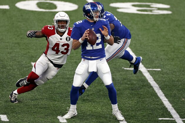 Arizona Cardinals outside linebacker Haason Reddick (43) in action towards New York Giants quarterback Colt McCoy (12) during an NFL football game, Sunday, Dec. 13, 2020, in East Rutherford, N.J. (AP Photo/Adam Hunger)