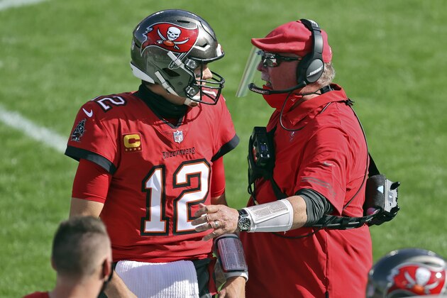 Tampa Bay Buccaneers head coach Bruce Arians congratulates quarterback Tom Brady (12) after a touchdown pass to wide receiver Scott Miller (10) during the first half of an NFL football game against the Minnesota Vikings Sunday, Dec. 13, 2020, in Tampa, Fla. (AP Photo/Mark LoMoglio) Tampa Bay Buccaneers head coach Bruce Arians congratulates quarterback Tom Brady (12) after a touchdown pass to wide receiver Scott Miller (10) during the first half of an NFL football game against the Minnesota Vikings Sunday, Dec. 13, 2020, in Tampa, Fla. (AP Photo/Mark LoMoglio)
