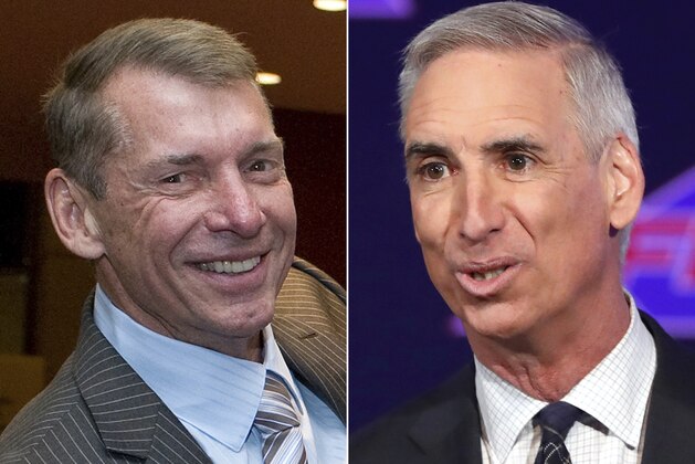 FILE - At left, in a May 18, 2012, file photo, Vince McMahon is shown at the Republican state convention in Hartford, Conn. At right, in a Feb. 7, 2019, file photo, XFL Commissioner and CEO Oliver Luck makes comments during a news conference in Arlington, Texas. The XFL has reached multiyear agreements with ESPN and Fox Sports to broadcast its games beginning in 2020. The league also announced Monday, May 6, 2019, that its season will start Feb. 8, the weekend after the NFL season ends with the Super Bowl. This is the second time Vince McMahon has launched a football league. (AP Photo/File)