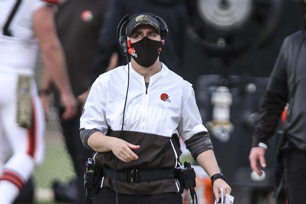 Cleveland Browns chief of staff Callie Brownson filling the role of tight ends coach during an NFL football game against the Jacksonville Jaguars, Sunday, Nov. 29, 2020, in Jacksonville, Fla. (AP Photo/Gary McCullough)