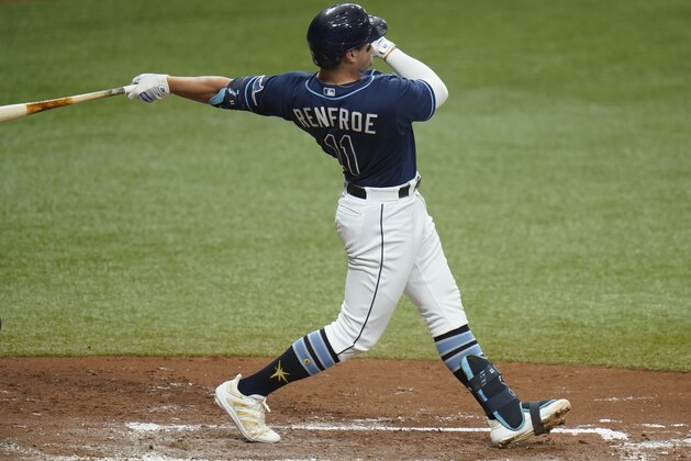 Tampa Bay Rays' Hunter Renfroe watches his grand slam off Toronto Blue Jays starting pitcher Hyun-Jin Ryu during the second inning of Game 2 of an American League wild-card baseball series Wednesday, Sept. 30, 2020, in St. Petersburg, Fla. (AP Photo/Chris O'Meara)