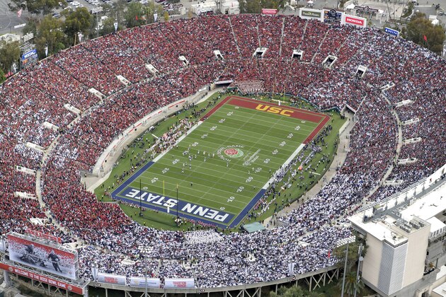 An aerial view of the Rose Bowl stadium prior to the Rose Bowl NCAA college football game between Southern California and Penn State on Monday, Jan. 2, 2017, in Pasadena, Calif. (The Tournament of Roses via AP Pool)