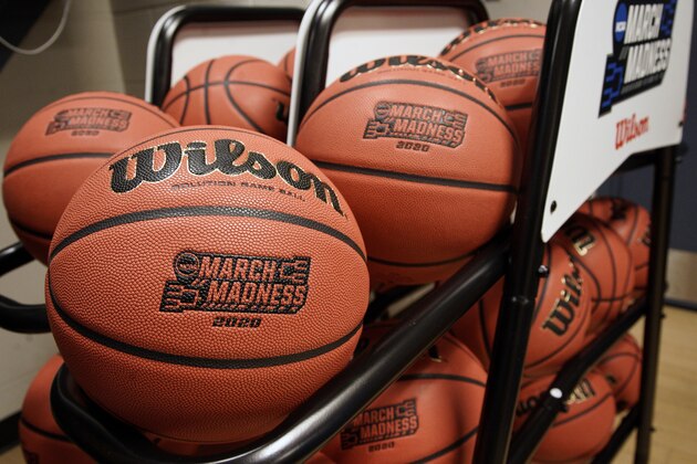 Official March Madness 2020 tournament basketballs are seen in a store room at the CHI Health Center Arena, in Omaha, Neb., Monday, March 16, 2020. Omaha was to host a first and second round in the NCAA college basketball Division I tournament, which was cancelled due to the coronavirus pandemic. (AP Photo/Nati Harnik)