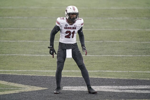 South Carolina defensive back Shilo Sanders plays against Vanderbilt in the second half of an NCAA college football game Saturday, Oct. 10, 2020, in Nashville, Tenn. (AP Photo/Mark Humphrey)