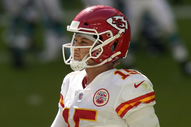 Kansas City Chiefs quarterback Patrick Mahomes (15) looks on the field during the first half of an NFL football game against the Miami Dolphins, Sunday, Dec. 13, 2020, in Miami Gardens, Fla. (AP Photo/Lynne Sladky)