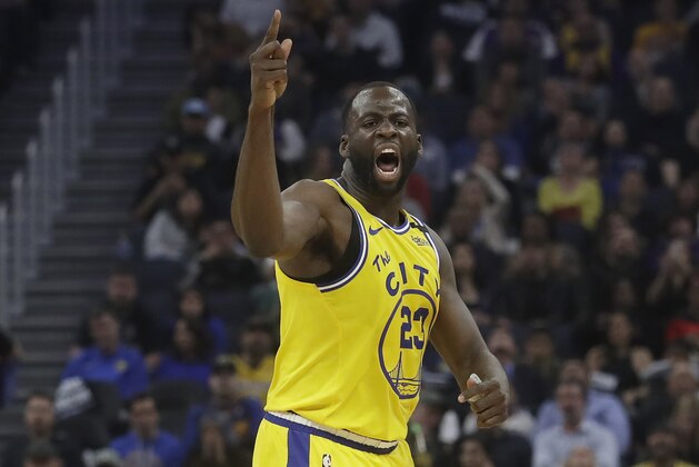 Golden State Warriors forward Draymond Green gestures toward officials after being called for a second technical foul during the first half of his team's NBA basketball game against the Los Angeles Lakers in San Francisco, Thursday, Feb. 27, 2020. (AP Photo/Jeff Chiu)