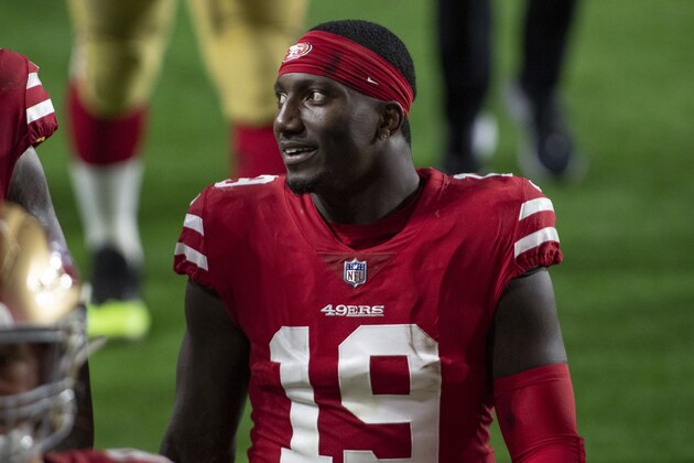 San Francisco 49ers wide receiver Deebo Samuel (19) reacts while walking to the locker room at half time during an NFL football game against the Buffalo Bills, Monday, Dec. 7, 2020, in Glendale, Ariz. (AP Photo/Jennifer Stewart)