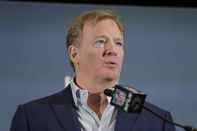 FILE - In this Feb. 3, 2020 file photo NFL Commissioner Roger Goodell speaks during a news conference in Miami. The NFL has set protocols for reopening team facilities and has told the 32 teams to have them in place by May 15. In a memo sent by Goodell and obtained Wednesday, May 6, 2020 by The Associated Press, several phases of the protocols were laid out. The first phase would involve a limited number of non-player personnel, initially 50 percent of the non-player employees (up to a total of 75) on any single day, being approved to be at the facility. But state or local regulations could require a lower number. (AP Photo/Brynn Anderson, file)