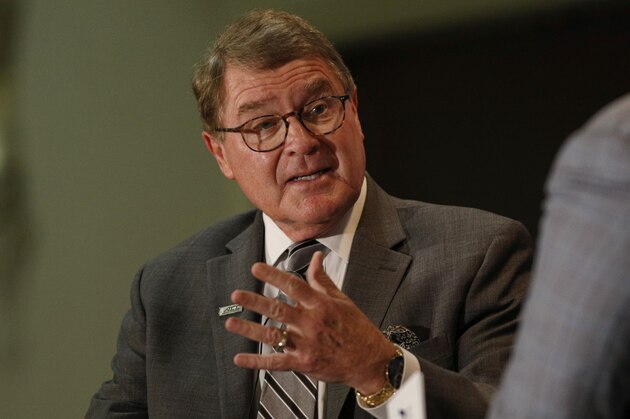 ACC commissioner John Swofford answers a question at a press conference during the Atlantic Coast Conference NCAA college basketball media day in Tuesday, Oct. 8, 2019. (AP Photo/Nell Redmond)