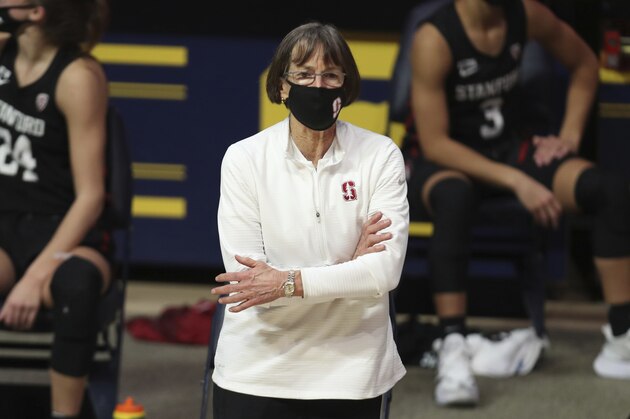 Stanford head coach Tara VanDerveer coaches against California during the first half of an NCAA college basketball game, Sunday, Dec. 13, 2020, in Berkeley, Calif. (AP Photo/Jed Jacobsohn)