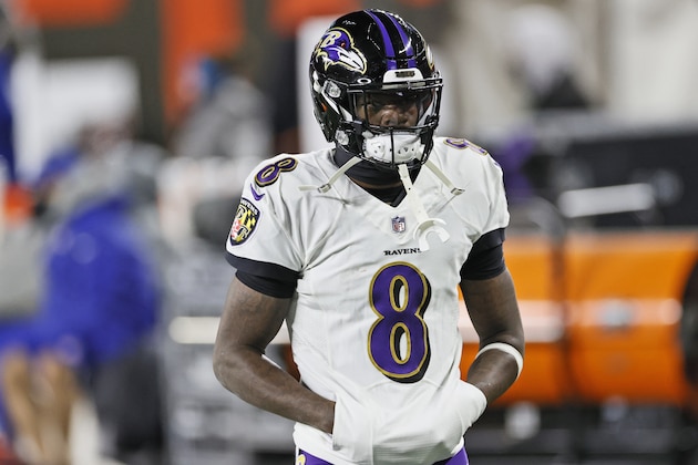 Baltimore Ravens quarterback Lamar Jackson is shown before an NFL football game against the Cleveland Browns, Monday, Dec. 14, 2020, in Cleveland. (AP Photo/Ron Schwane)