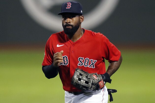 Boston Red Sox's Jackie Bradley Jr. plays against the Washington Nationals during a baseball game, Saturday, Aug. 29, 2020, in Boston. (AP Photo/Michael Dwyer)