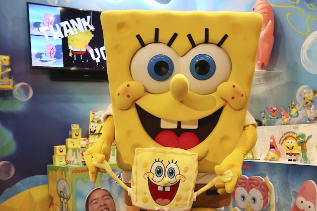 IMAGE DISTRIBUTED FOR ALPHA GROUP - SpongeBob SquarePants celebrates 20 years with a brand new toy line from Alpha Group starring his famous Instagram memes, slime, inflatable hats and collectible figures, at the American International Toy Fair, on Sunday, Feb. 17, 2019 in New York. (Stuart Ramson/AP Images for Alpha Group)
