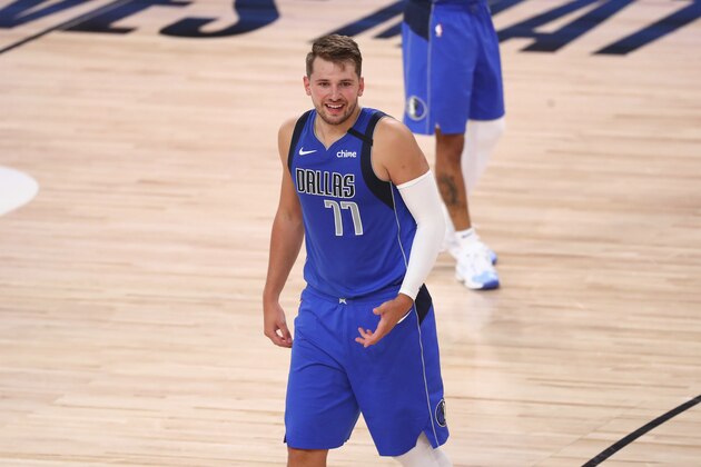 Dallas Mavericks guard Luka Doncic reacts during the second half against the Los Angeles Clippers in Game 5 of an NBA basketball first-round playoff series, Tuesday, Aug. 25, 2020, in Lake Buena Vista, Fla. (Kim Klement/Pool Photo via AP)