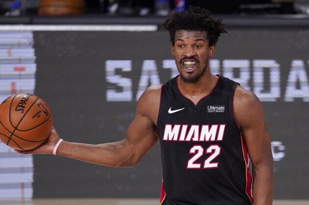 Miami Heat forward Jimmy Butler plays during the second half in Game 4 of basketball's NBA Finals against the Los Angeles Lakers Tuesday, Oct. 6, 2020, in Lake Buena Vista, Fla. (AP Photo/Mark J. Terrill)