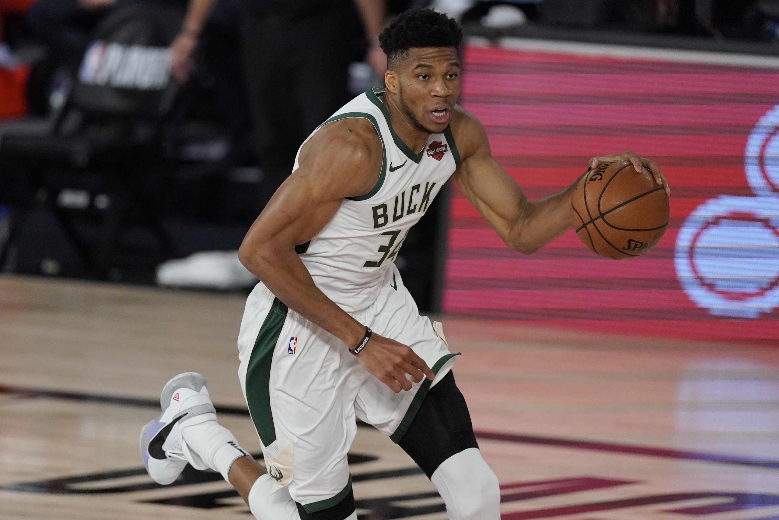 Milwaukee Bucks' Giannis Antetokounmpo (34) in the second half of an NBA conference semifinal playoff basketball game against the Miami Heat Friday, Sept. 4, 2020, in Lake Buena Vista, Fla. (AP Photo/Mark J. Terrill) Milwaukee Bucks' Giannis Antetokounmpo (34) in the second half of an NBA conference semifinal playoff basketball game against the Miami Heat Friday, Sept. 4, 2020, in Lake Buena Vista, Fla. (AP Photo/Mark J. Terrill)
