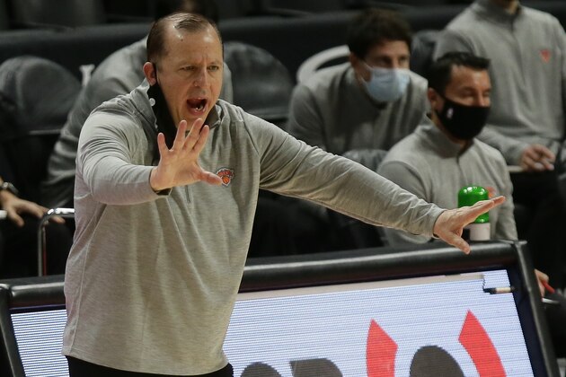 New York Knicks head coach Tom Thibodeau directs his team during the first half of an NBA basketball game against the Detroit Pistons Sunday, Dec. 13, 2020, in Detroit. (AP Photo/Duane Burleson)