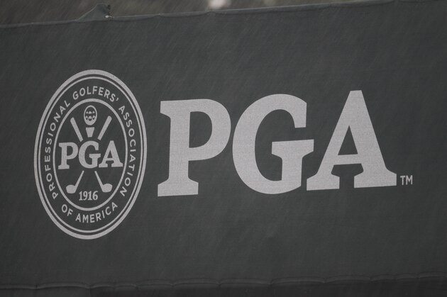 The PGA Championsip logo is seen during a storm during a practice round for the PGA Championship golf tournament Wednesday, Aug. 11, 2010, at Whistling Straits in Haven, Wis. (AP Photo/Eric Gay)