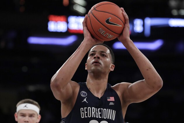 Georgetown forward Trey Mourning shoots a free throw against Seton Hall during the second half of an NCAA college basketball game in the Big East men's tournament, Thursday, March 14, 2019, in New York. Seton Hall won 73-57. (AP Photo/Julio Cortez)