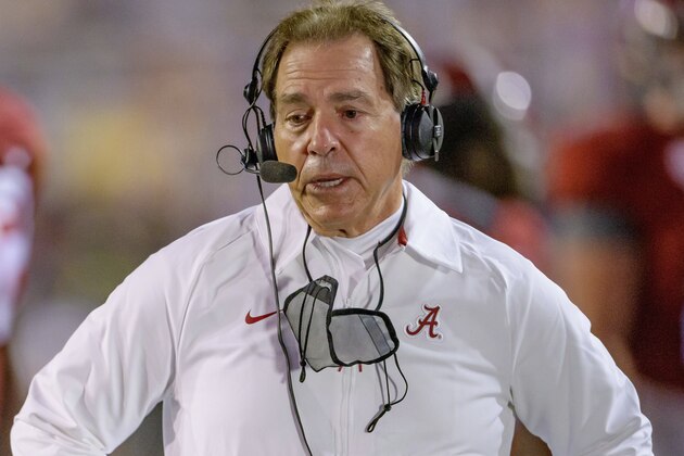 Alabama head coach Nick Saban speaks after his team's victory against LSU in an NCAA college football game in Baton Rouge, La., Saturday, Dec. 5, 2020. (AP Photo/Matthew Hinton)