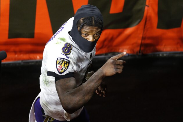 Baltimore Ravens quarterback Lamar Jackson looks up as he leaves the field after an NFL football game against the Cleveland Browns, Monday, Dec. 14, 2020, in Cleveland. The Ravens won 47-42. (AP Photo/Ron Schwane)