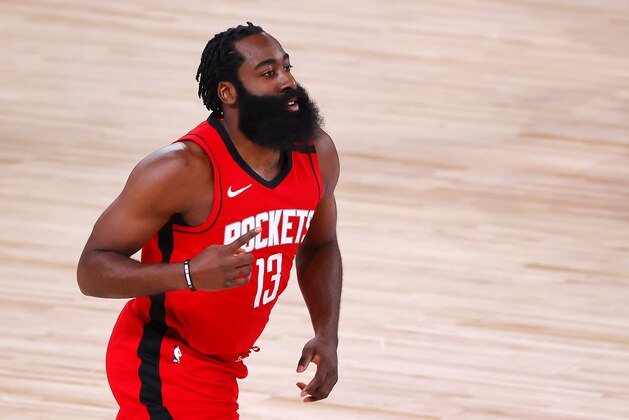 Houston Rockets' James Harden reacts to hi3 point basket during the first half against the Oklahoma City Thunder in Game 2 of an NBA basketball first-round playoff series, Thursday, Aug. 20, 2020, in Lake Buena Vista, Fla. (Kevin C. Cox/Pool Photo via AP)