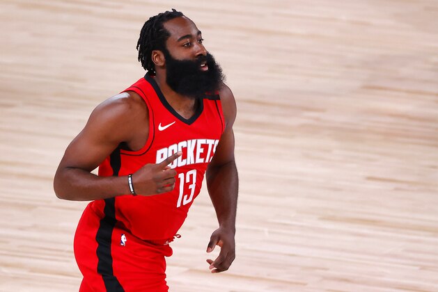 Houston Rockets' James Harden reacts to hi3 point basket during the first half against the Oklahoma City Thunder in Game 2 of an NBA basketball first-round playoff series, Thursday, Aug. 20, 2020, in Lake Buena Vista, Fla. (Kevin C. Cox/Pool Photo via AP)