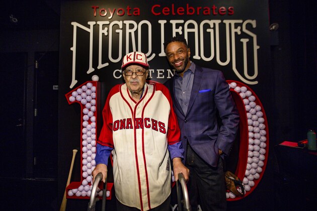 IMAGE DISTRIBUTED FOR TOYOTA - Negro Leagues Baseball Veteran, Jim Robinson, and ESPN/ABC correspondent, Ryan Smith, are seen at the Home Team Event at Apollo on Wednesday Feb. 19, 2020 in New York. (Donald Traill/AP Images for Toyota)