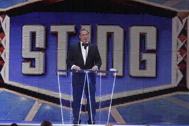 IMAGE DISTRIBUTED FOR WWE - WWE superstar Sting accepts his induction and officially announces his retirement at the 2016 WWE Hall of Fame ceremony on Saturday, April 2, 2016 in Dallas. (Brandon Wade/AP Images for WWE)