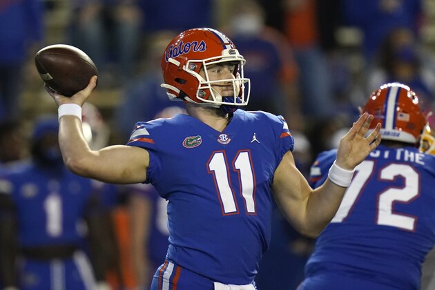 Florida quarterback Kyle Trask looks for a receiver during the first half of an NCAA college football game against LSU, Saturday, Dec. 12, 2020, in Gainesville, Fla. (AP Photo/John Raoux)