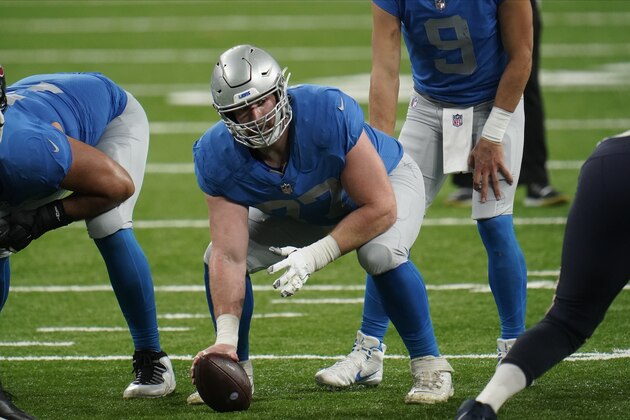 Detroit Lions center Frank Ragnow (77) plays against the Houston Texans during the second half of an NFL football game, Thursday, Nov. 26, 2020, in Detroit. (AP Photo/Paul Sancya)