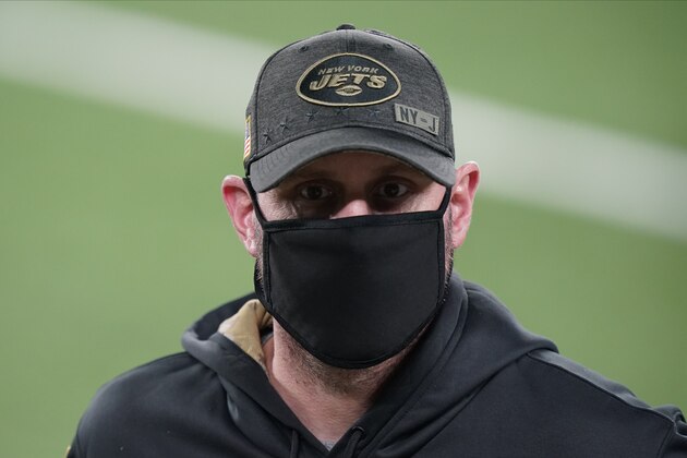 New York Jets head coach Adam Gase leaves the field after an NFL football game against the New England Patriots, Monday, Nov. 9, 2020, in East Rutherford, N.J. (AP Photo/Corey Sipkin)
