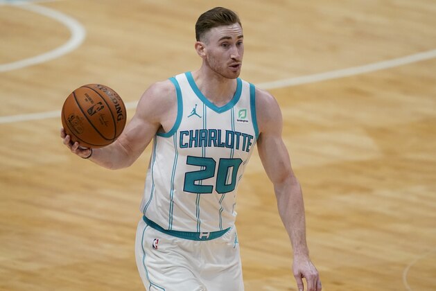 Charlotte Hornets forward Gordon Hayward plays against the Toronto Raptors during the second half of an NBA preseason basketball game in Charlotte, Monday, Dec. 14, 2020. (AP Photo/Chris Carlson)