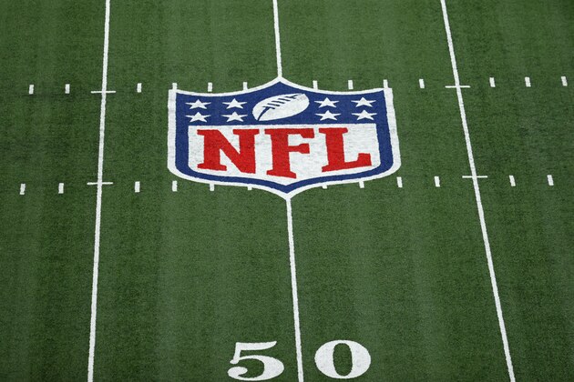 A general view of the NFL shield at midfield during an NFL football game between the Tampa Bay Buccaneers and the New York Giants, Monday, Nov. 2, 2020, in East Rutherford, N.J. (AP Photo/Adam Hunger)