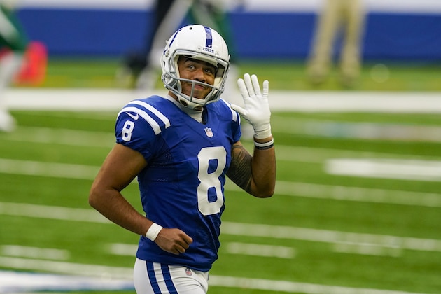 Indianapolis Colts punter Rigoberto Sanchez (8) waves as he runs off the field in the second half of an NFL football game against the New York Jets in Indianapolis, Sunday, Sept. 27, 2020. (AP Photo/Darron Cummings)