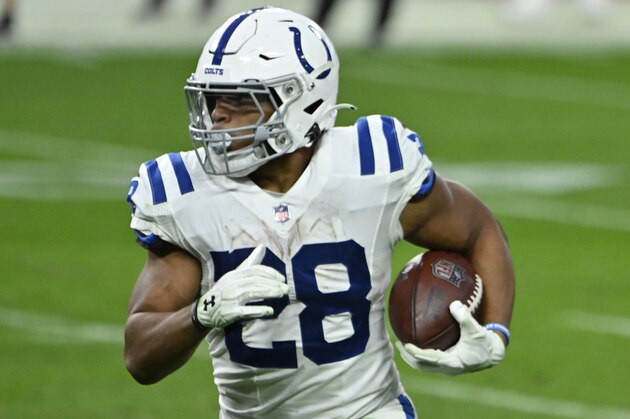 Indianapolis Colts running back Jonathan Taylor (28) plays against the Las Vegas Raiders during the second half of an NFL football game, Sunday, Dec. 13, 2020, in Las Vegas. (AP Photo/David Becker)