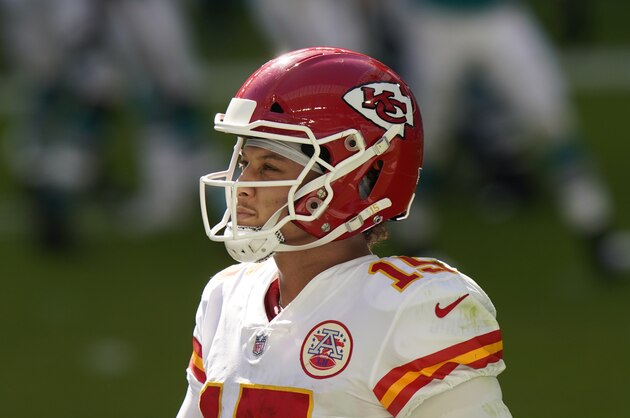 Kansas City Chiefs quarterback Patrick Mahomes (15) walks off the field during the firs thalf of an NFL football game against the Miami Dolphins, Sunday, Dec. 13, 2020, in Miami Gardens, Fla. (AP Photo/Lynne Sladky)