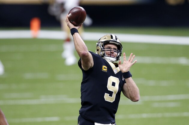 New Orleans Saints quarterback Drew Brees (9) warms up before an NFL football game against the San Francisco 49ers in New Orleans, Sunday, Nov. 15, 2020. (AP Photo/Butch Dill)