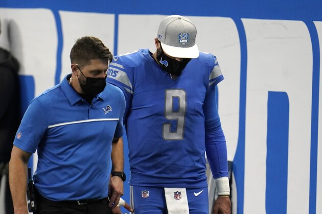 Detroit Lions quarterback Matthew Stafford (9) walks off the field during the second half of an NFL football game against the Green Bay Packers, Sunday, Dec. 13, 2020, in Detroit. (AP Photo/Paul Sancya)