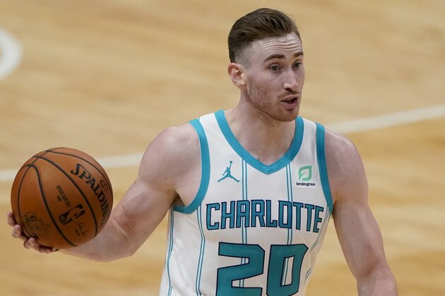 Charlotte Hornets forward Gordon Hayward plays against the Toronto Raptors during the second half of an NBA preseason basketball game in Charlotte, Monday, Dec. 14, 2020. (AP Photo/Chris Carlson)