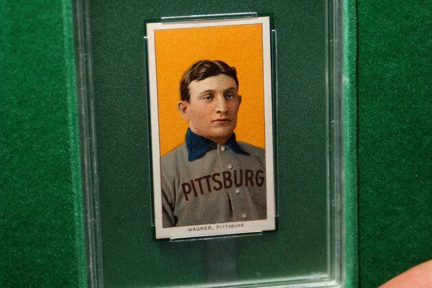 A 1909 Honus Wagner baseball card, which sold in 2000 for more than $1 million, is seen on display at a sports memorabilia show at the Atlantic City Convention Center in Atlantic City, N.J., Wednesday, July 23, 2003.  ProSports Authority, a card grading company, will be showing the prized card beginning Thursday.  (AP Photo/Mary Godleski)