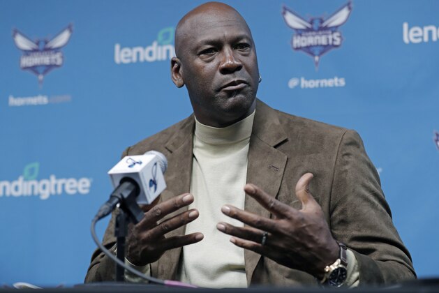 Charlotte Hornets owner Michael Jordan speaks to the media about hosting the NBA All-Star basketball game during a news conference in Charlotte, N.C., Tuesday, Feb. 12, 2019. (AP Photo/Chuck Burton)