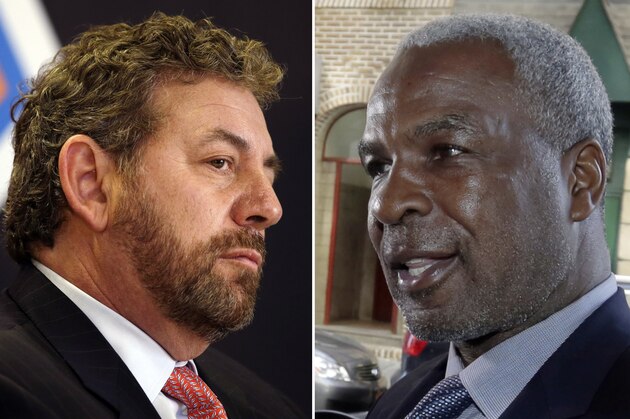 FILE - At left, in a March 18, 2014, file photo, James Dolan, executive chairman of Madison Square Garden, listens to a question at a news conference, in New York. At right, in an April 11, 2017, file photo, former New York Knicks basketball player Charles Oakley talks to the press after an appearance in Manhattan Criminal Court, in New York. New York Knicks great Charles Oakley is tired of